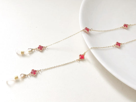 Gold Tone Metal Eyeglass Chain Four Leaf Clover Glasses Holder Red Flower Sunglasses Strap Lucky Eyewear Necklace Jewellery Gift for Her