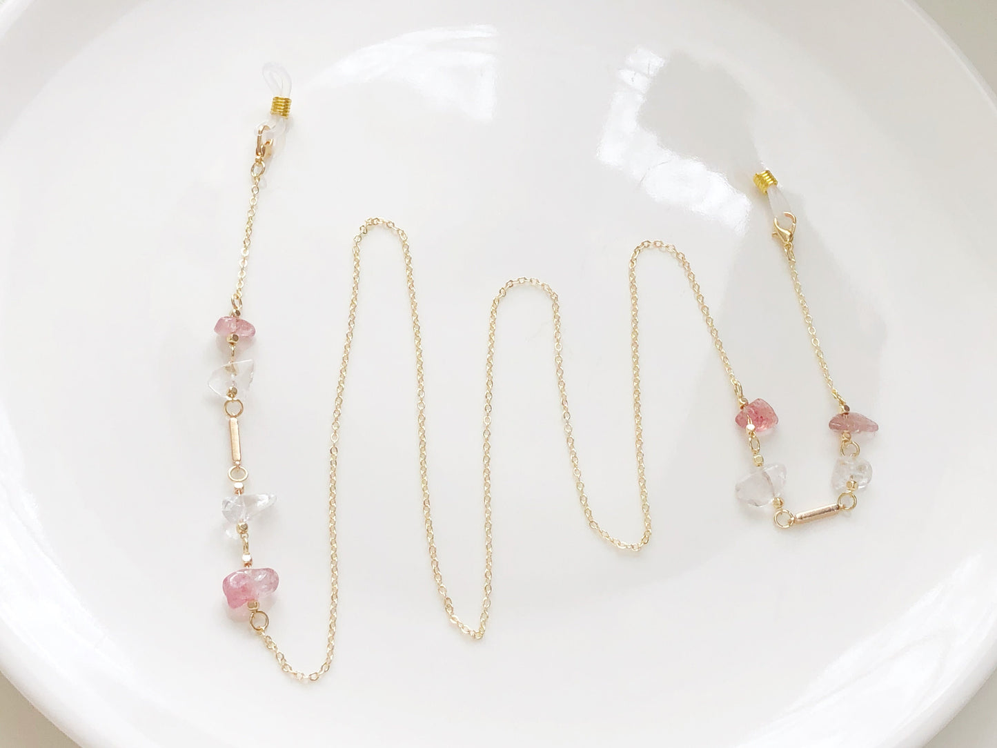 Quartz Beaded Glasses Chain Pink Clear Crystal Eyewear Holder Gold Metal Eyeglass Necklace Sunglasses Lanyard Gift for Women