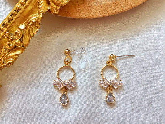 Delicate bow and teardrop stud/ clip on Earrings, dainty women earrings, gift for her
