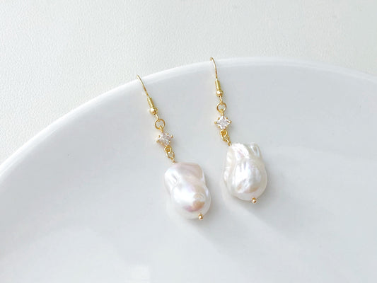 Baroque Ivory Pearl Earrings, Stud Hook Clip On Options Irregular Freshwater Pearl Drop Earrings with Star Charm Elegant Gift for Her