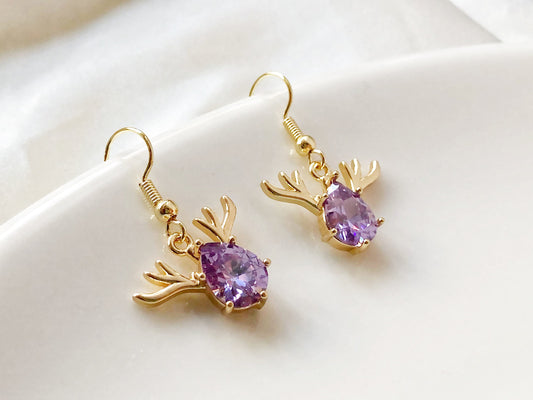 Dainty Faux amethyst quartz purple/ white stud/ clip on earring, Cute Xmas deer dangle earrings, Christmas gift for her