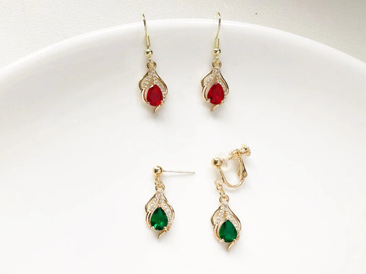 Dainty Green/ red/ White flower pendent Earrings, Delicate dangle jewellery, Gift for her