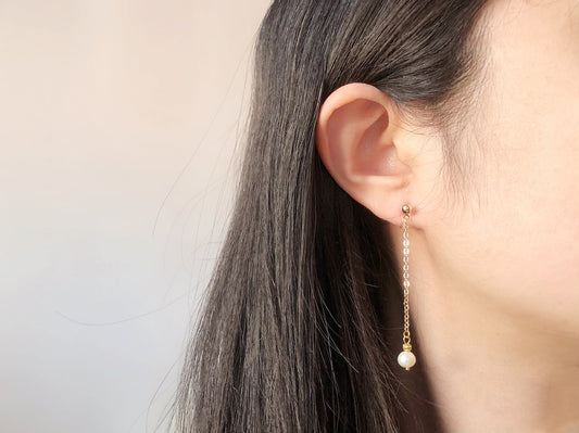 Dangle white freshwater pearl drop Stud / Clip on Earrings, Gift for her