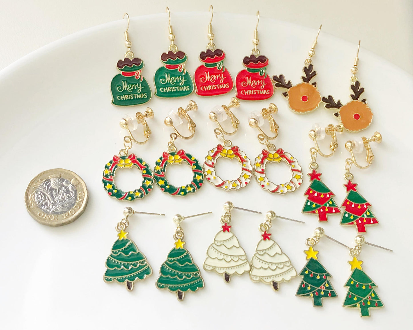 Christmas Earrings Gift for Her Pierced or Non Pierced Ears Holiday Jewellery Xmas Tree Reindeer Wreath Present Bag Stocking Filler