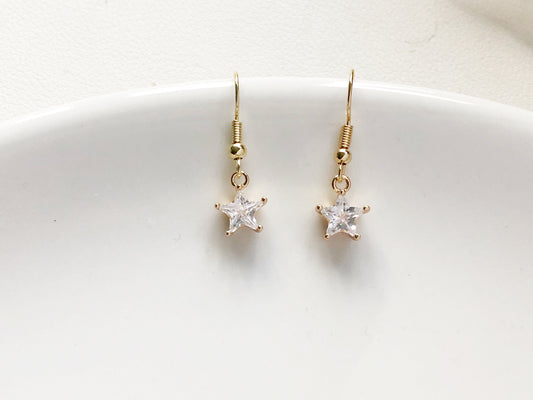 Dainty Star Earrings | Dangle Zirconia | Clip On Stud  hook| Geometric Star Jewellery | Gift for Her