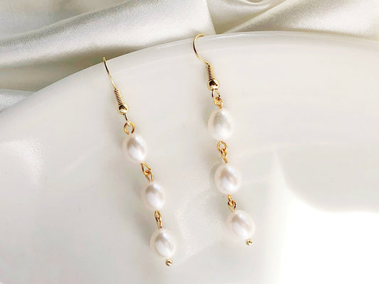 Triple white freshwater oval pearl drop Stud / Clip on Earrings, Geometric pendant, Gift for her