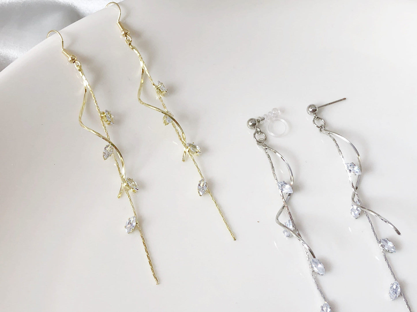 Dainty Zircon leaves dangle Earrings, Cute long dangle plant earrings, gift for her