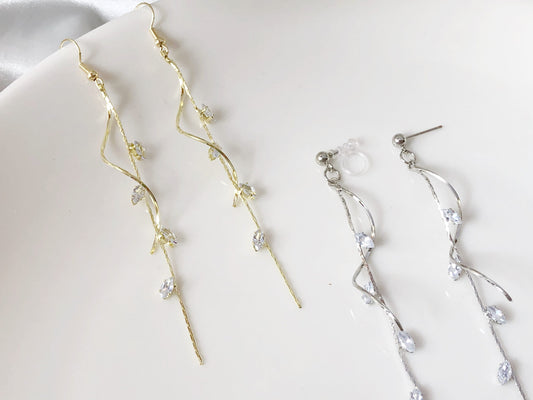 Dainty Zircon leaves dangle Earrings, Cute long dangle plant earrings, gift for her