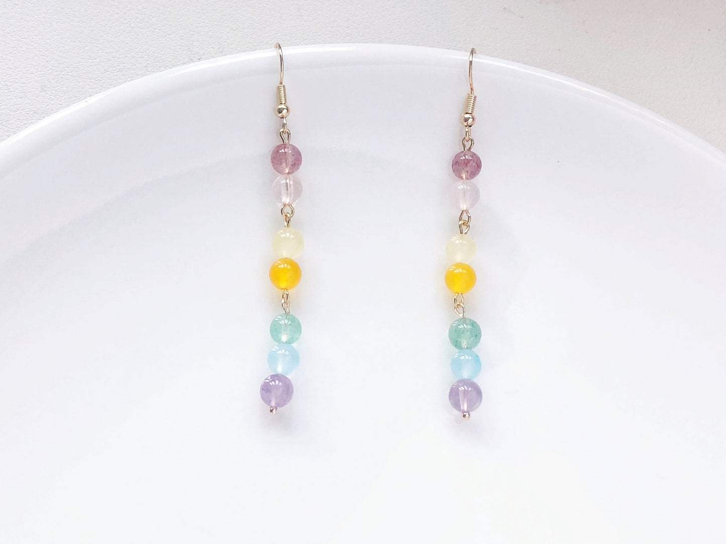 Rainbow Quartz Earrings, Colourful 6mm Bead Drop Earrings, Pride LGBT Jewellery for Women Girls, Clip On Stud or Hook Style, Gift for Her