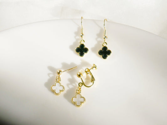 White & Black Four Leaf Clover Earrings | Dangle Drop Jewelry | Gift for Her | Handmade Floral Earrings