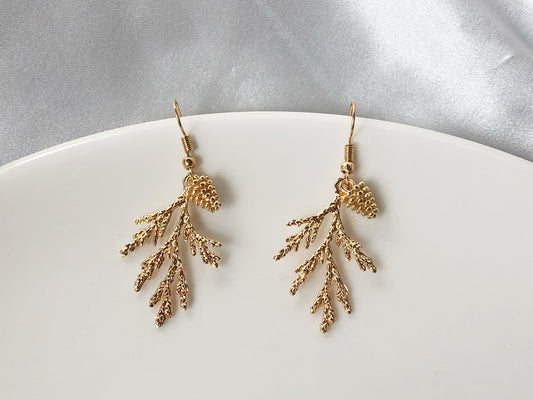 Juniper Branch & Pinecone Earrings, Handmade Nature-Inspired Jewellery, Gold Silver Toned, Gift for Her