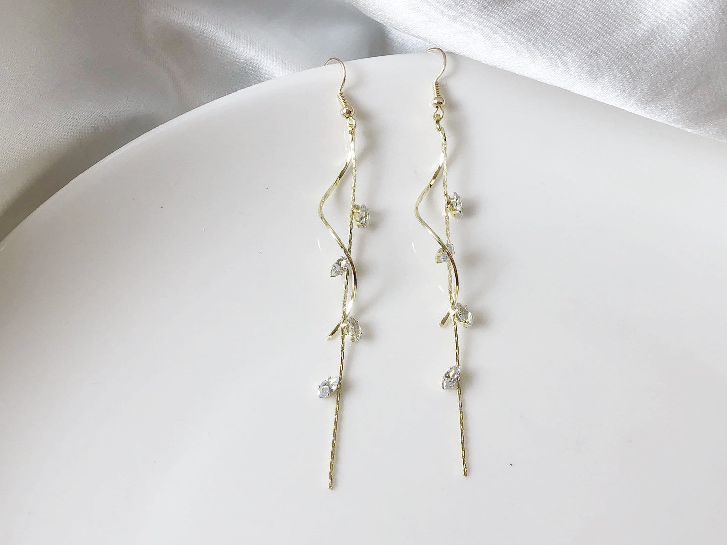 Dainty Zircon leaves dangle Earrings, Cute long dangle plant earrings, gift for her