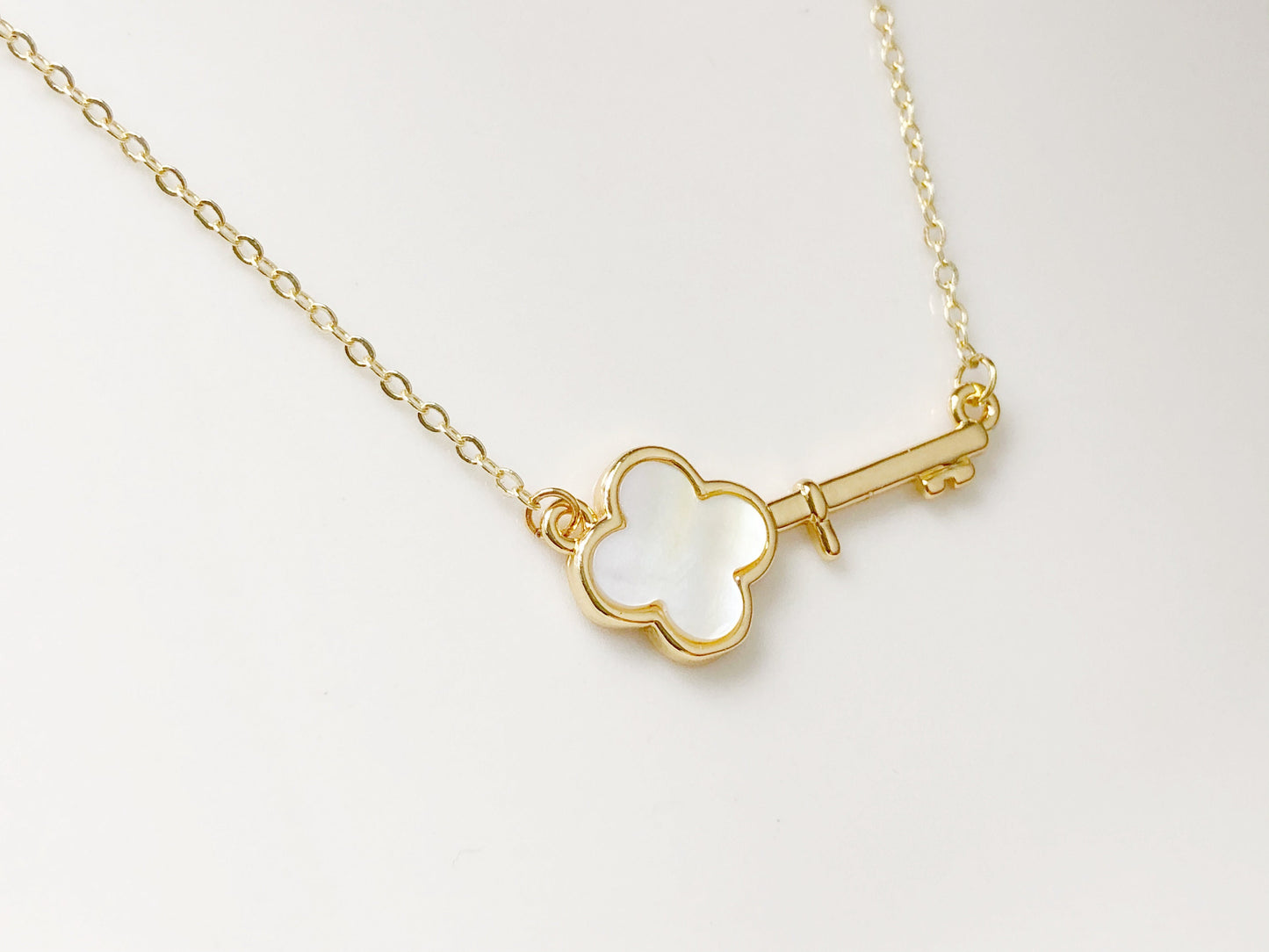 Key Necklace Four Leaf Clover Pendant Lucky Jewellery Dainty Gold Necklace Gift for her Women Girls Anniversary Birthday Holiday