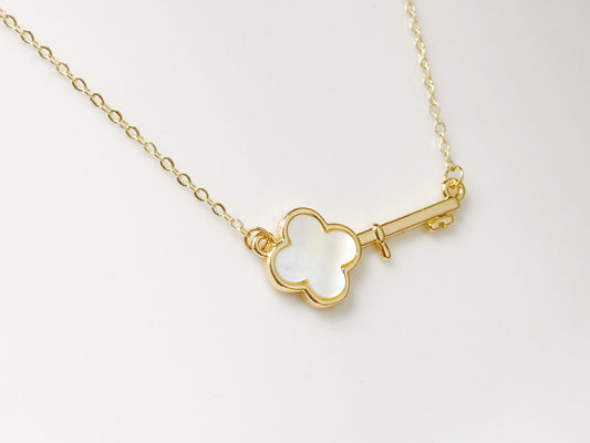 Key Necklace Four Leaf Clover Pendant Lucky Jewellery Dainty Gold Necklace Gift for her Women Girls Anniversary Birthday Holiday
