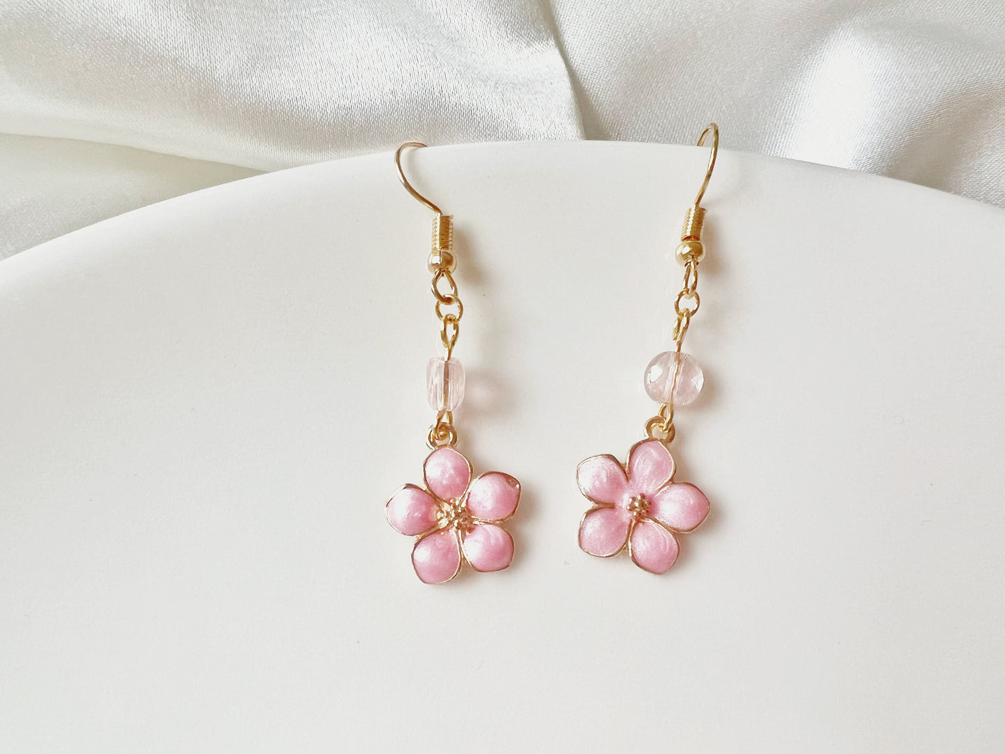 Sakura enamel earrings, oriental cherry Stud/Clip on earring, Dangle and drop earrings, spring gift for her