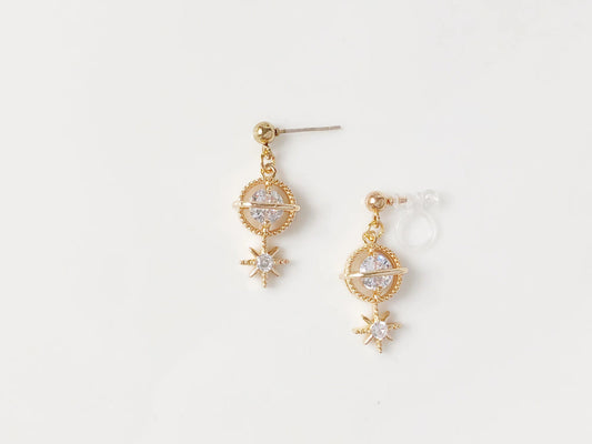 Gold colour Zirconia Saturn and star dangle Earrings, gift for her
