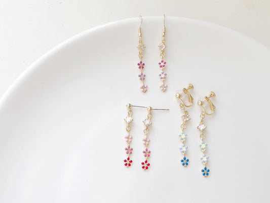 Cute Triple flower Clip-on/ stud earrings, delicate Pink purple blue earrings, handmade gift for her