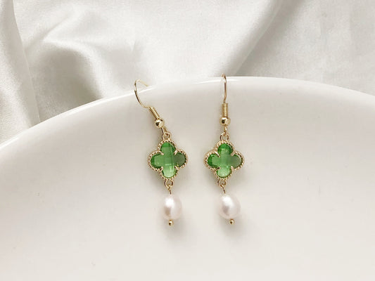 Four Leaf Clover and freshwater pearl earrings, Drop Dangle Earrings, gift for her
