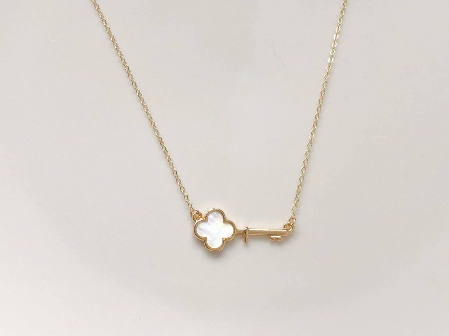 Key Necklace Four Leaf Clover Pendant Lucky Jewellery Dainty Gold Necklace Gift for her Women Girls Anniversary Birthday Holiday