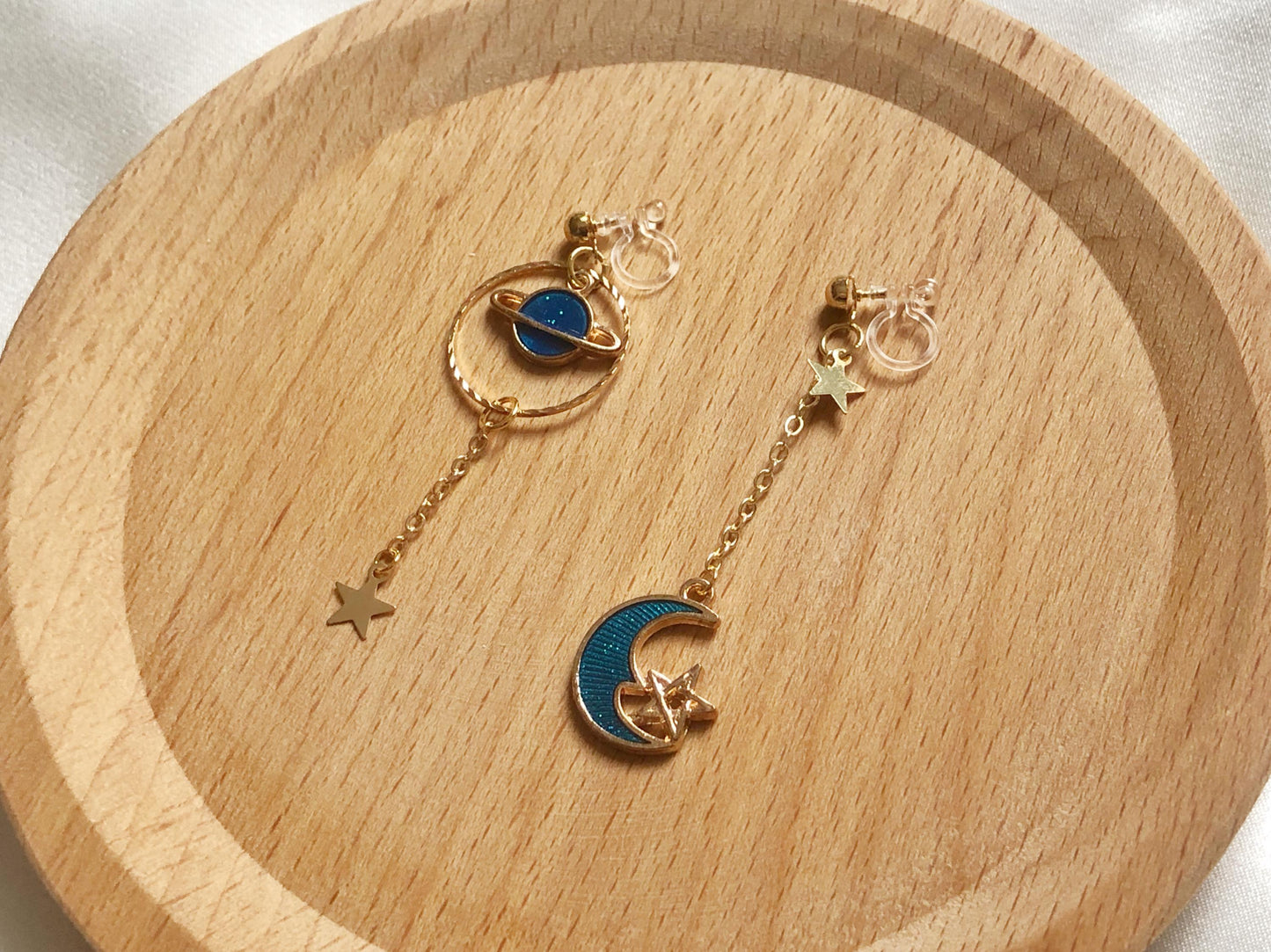 Star Moon Clip on/stud earrings, Saturn Dangle Handmade Earrings