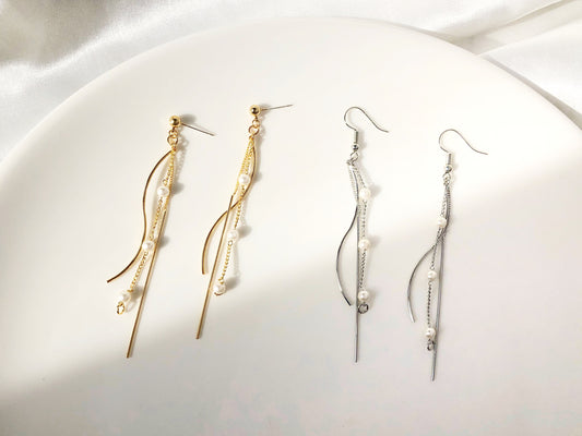 Dainty Gold or Silver Tassel Earrings | Faux Pearl Clip On or Stud | Long Drop Gift for Her | Minimalist Bridesmaid Jewellery
