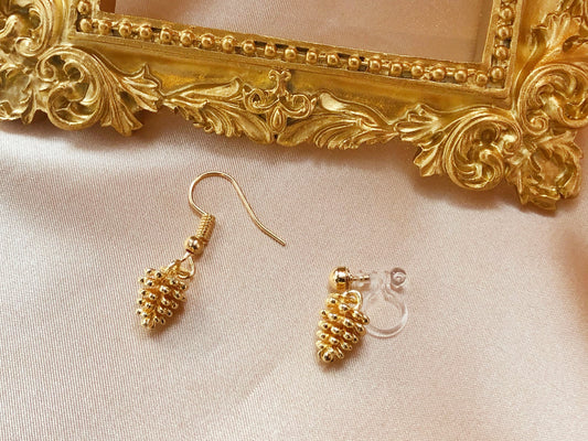 Pinecone clip on/ hook Earrings, Gold plated Dainty dangle pendant, Gift for her