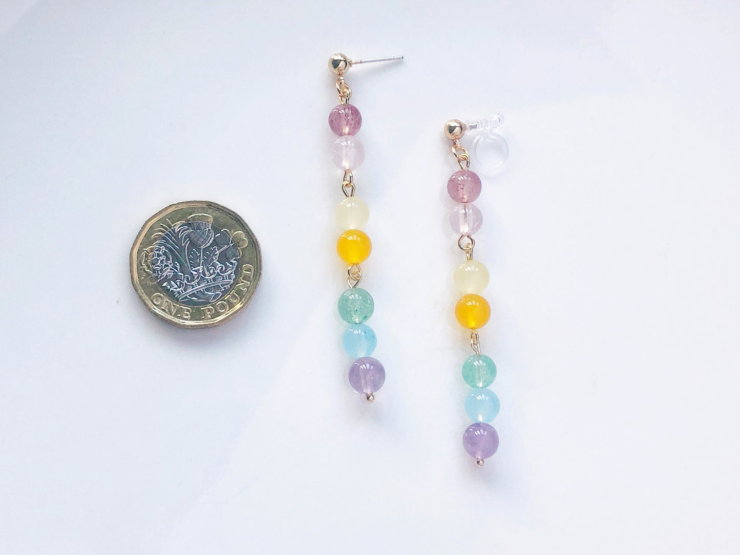 Rainbow Quartz Earrings, Colourful 6mm Bead Drop Earrings, Pride LGBT Jewellery for Women Girls, Clip On Stud or Hook Style, Gift for Her