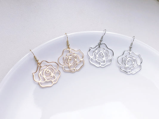 Gold Hollow out Rose stud/ clip on Earrings, Hollow Flower Statement Drop Charm Pendants