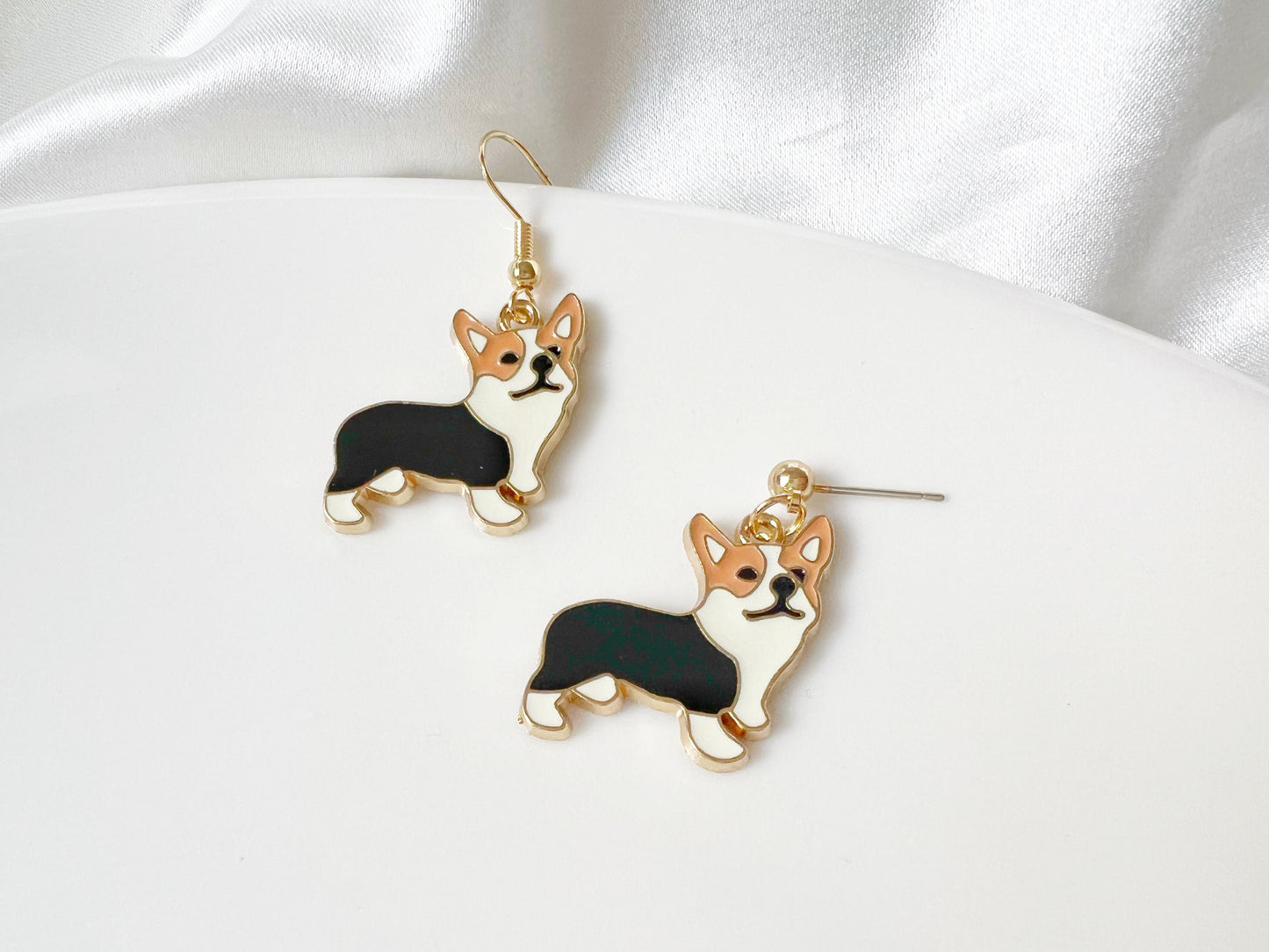 Cute Corgi Dangle Earrings | Enamel Dog Drop Earrings | Pet Lover Gift | Stud or Clip-On | Animal Jewellery