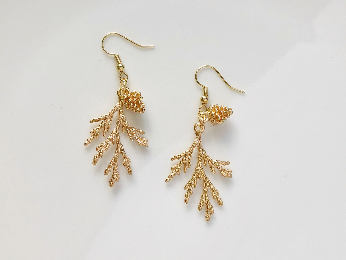 Juniper Branch & Pinecone Earrings, Handmade Nature-Inspired Jewellery, Gold Silver Toned, Gift for Her