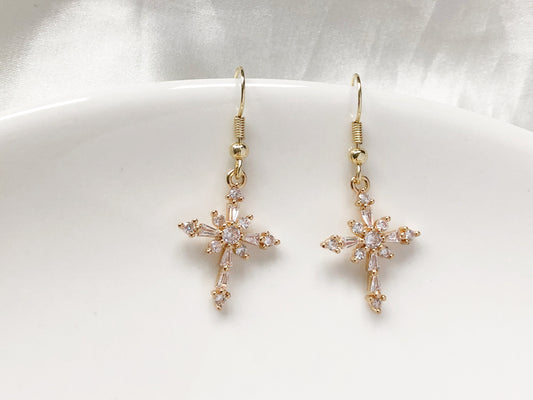 Gold colour Dangle Cross Hook/ clip on Christmas Earrings, Dainty Xmas cross earrings
