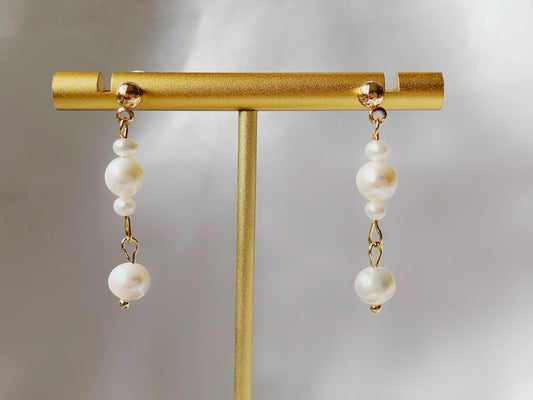 White freshwater pearl drop Stud / Clip on Earrings, Geometric pendant, Gift for her