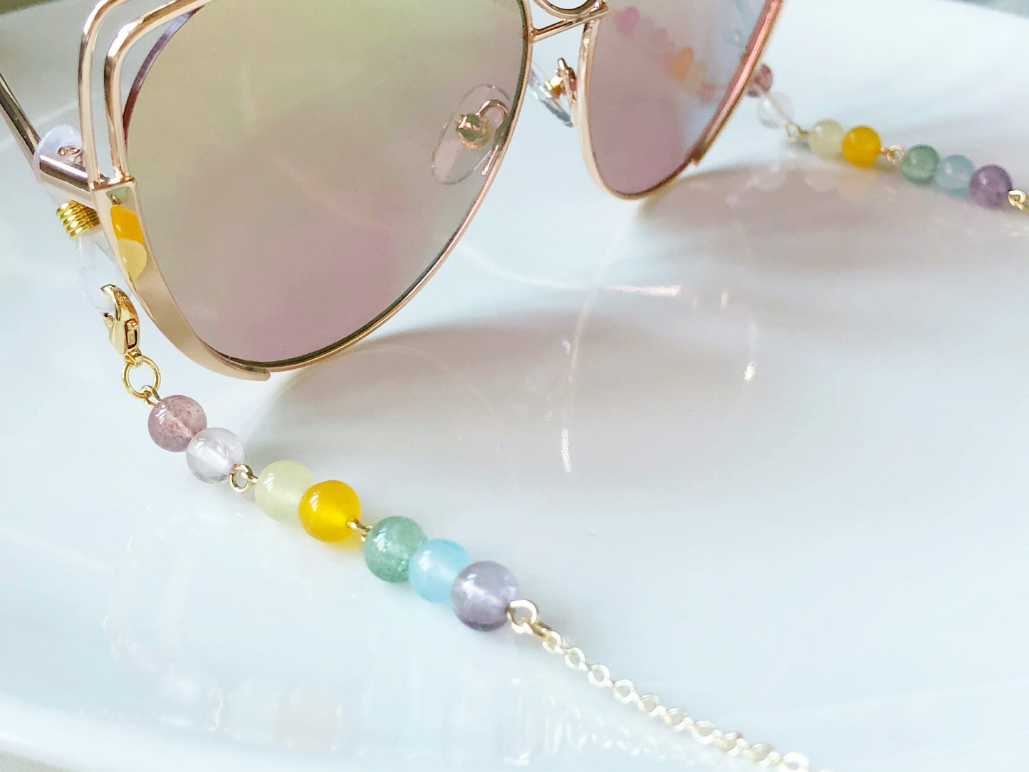 Colourful Quartz Beaded Eyeglass Chain Sunglasses Holder Pastel Beads Glasses Strap Gold Tone Jewellery Eyewear Necklace Gift for Her Women
