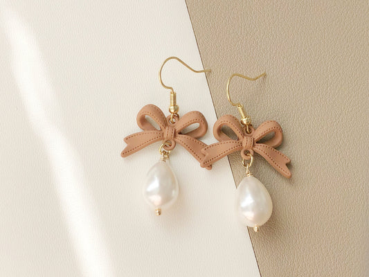 Brown bowknot and Faux teardrop Pearl stud / clip on Earrings, Gift for her