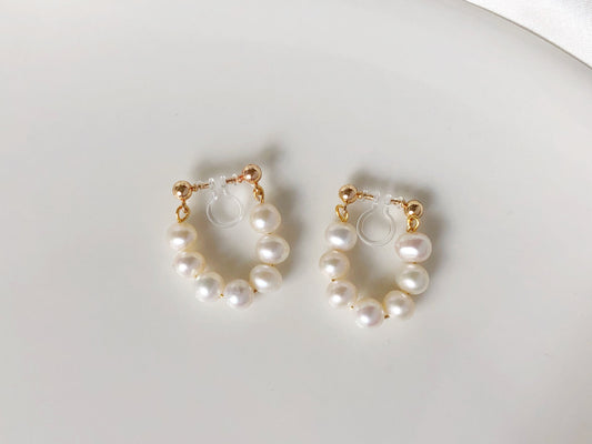 Dangle white wreath freshwater pearl drop Clip on Earrings, Gift for her