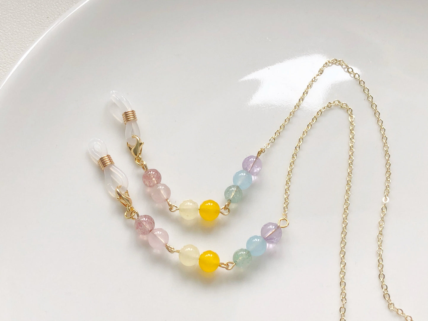 Colourful Quartz Beaded Eyeglass Chain Sunglasses Holder Pastel Beads Glasses Strap Gold Tone Jewellery Eyewear Necklace Gift for Her Women