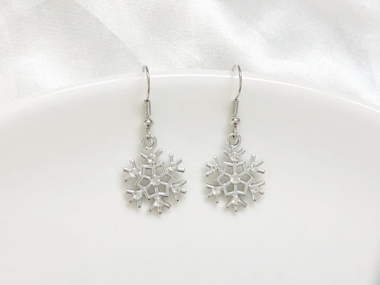 Cute Snowflake Earrings | Silver Winter Dangle | Clip On or Stud | Christmas Gift for Her