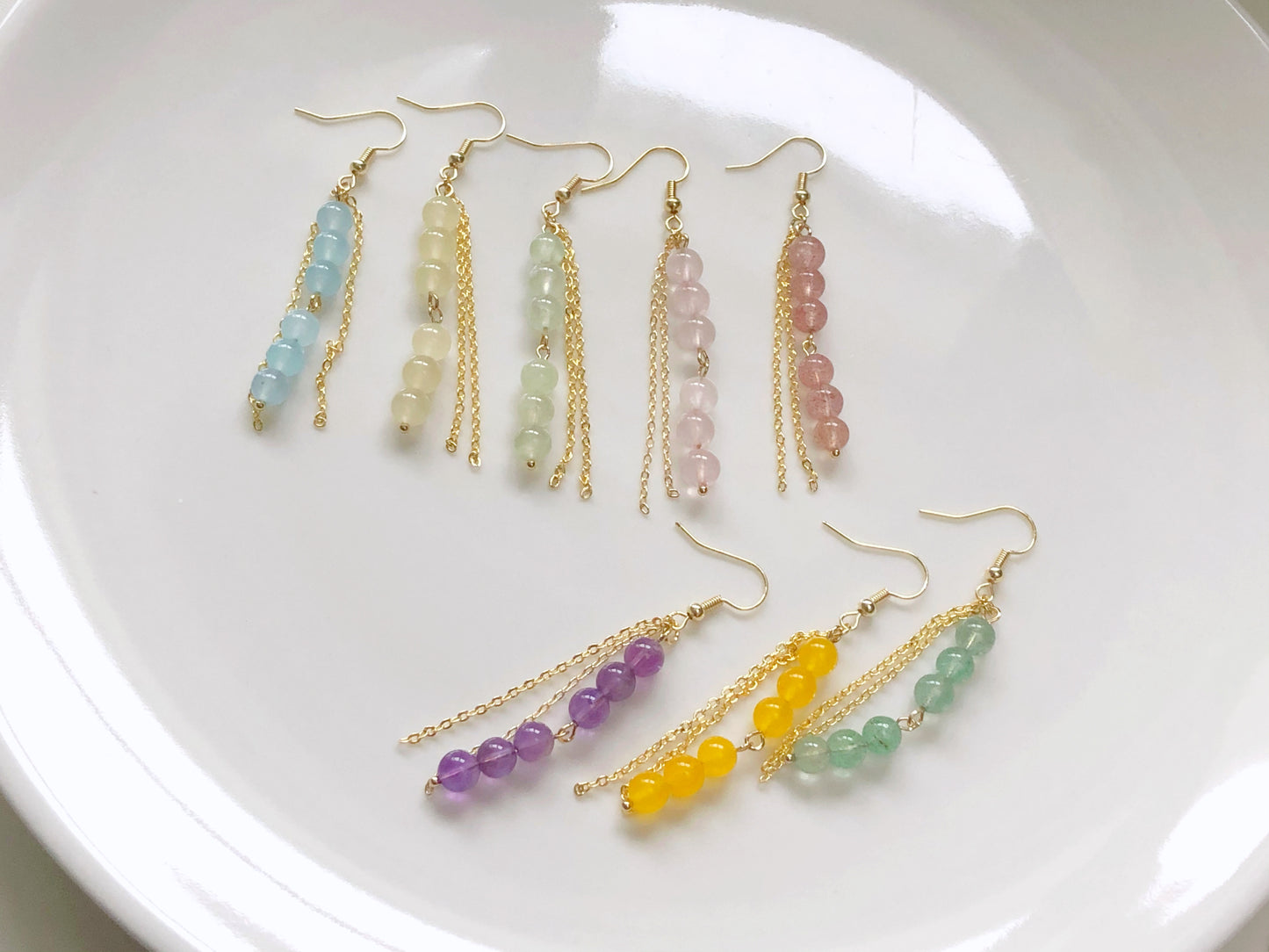 Pastel Bead Earrings, Long Chain Tassel, Gift for Her, Hook Stud or Clip on, Colourful Gemstone Dangle, Boho Summer Jewellery