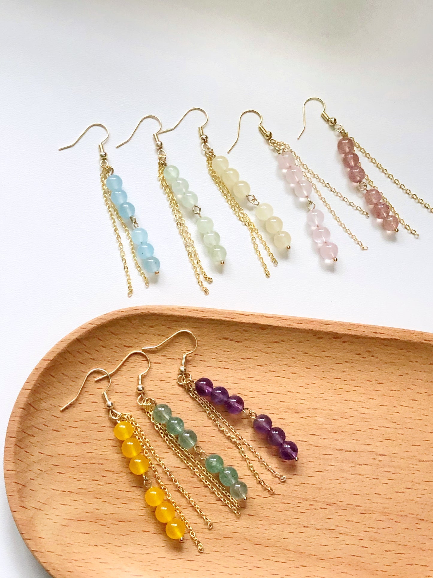 Pastel Bead Earrings, Long Chain Tassel, Gift for Her, Hook Stud or Clip on, Colourful Gemstone Dangle, Boho Summer Jewellery