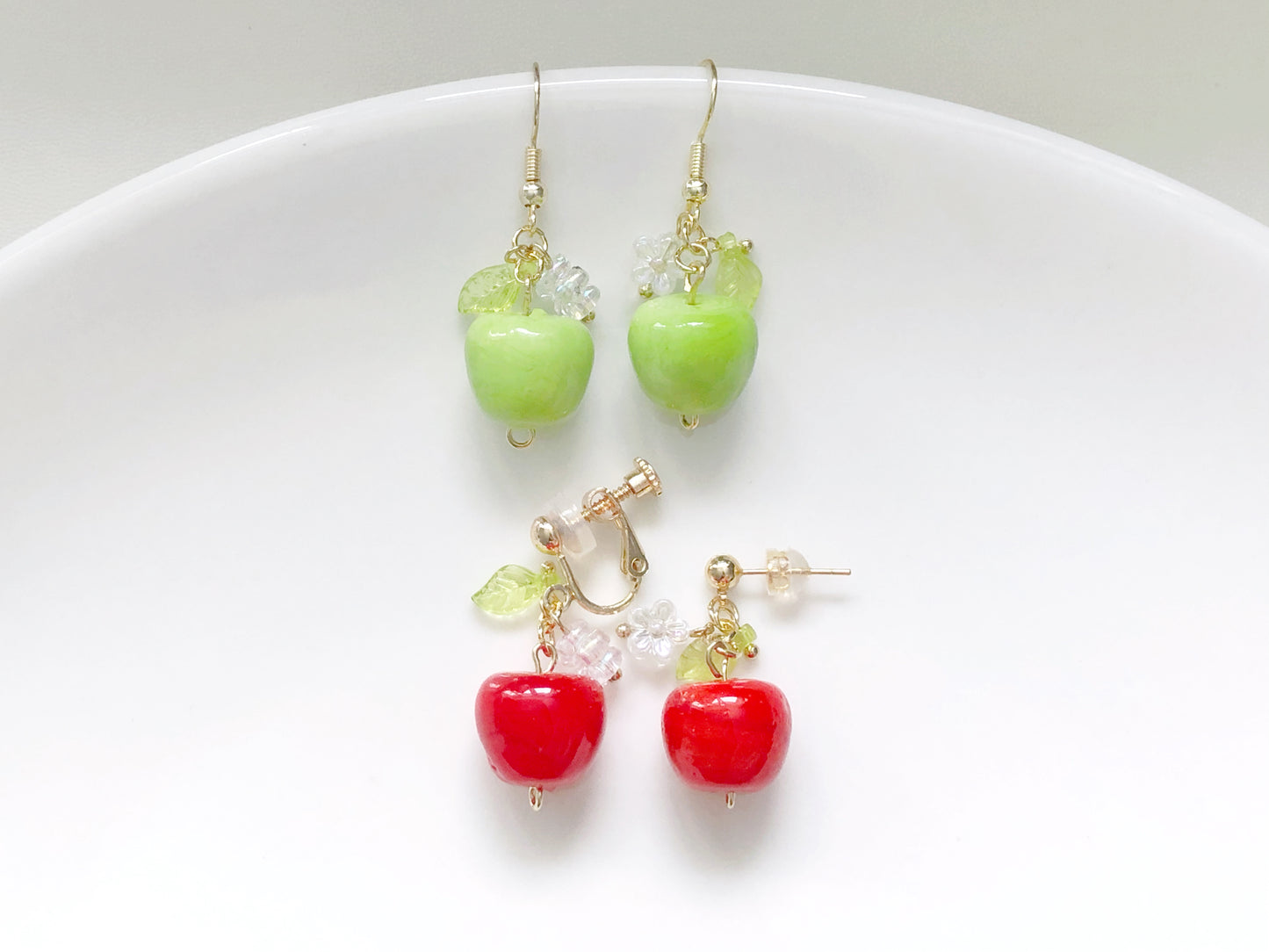 3D Apple Earrings, Red and Green Fruit, Hook Stud or Clip on, Kawaii Food Jewellery, Teacher Appreciation Gift for her