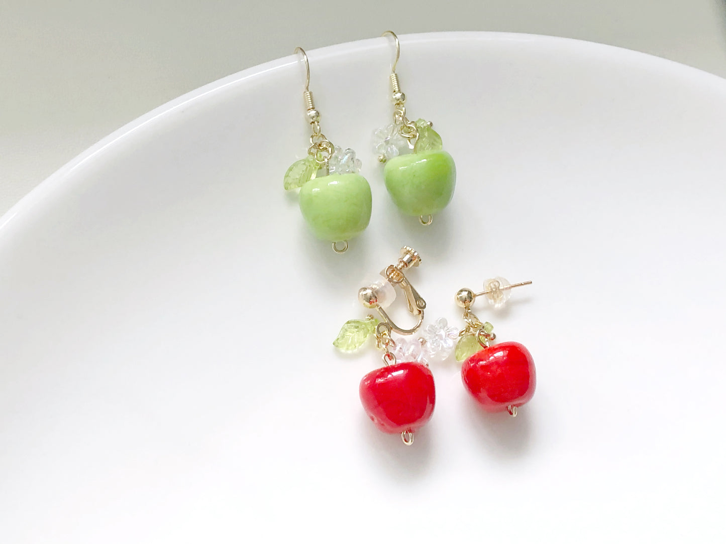 3D Apple Earrings, Red and Green Fruit, Hook Stud or Clip on, Kawaii Food Jewellery, Teacher Appreciation Gift for her
