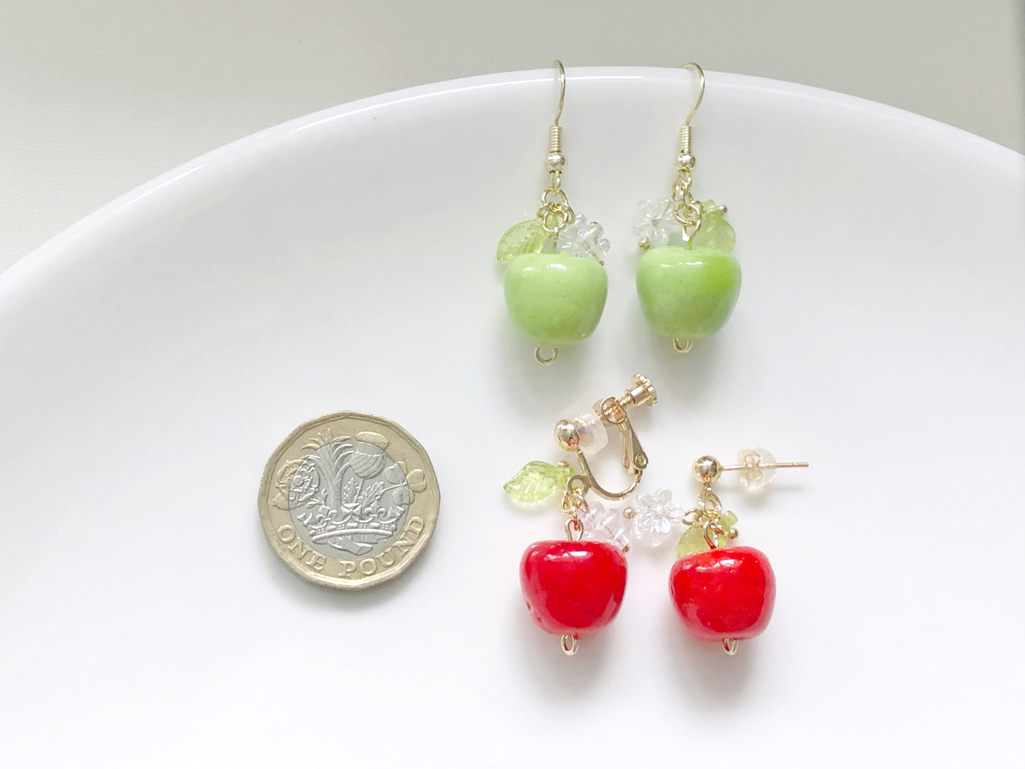 3D Apple Earrings, Red and Green Fruit, Hook Stud or Clip on, Kawaii Food Jewellery, Teacher Appreciation Gift for her