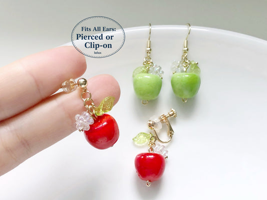 3D Apple Earrings, Red and Green Fruit, Hook Stud or Clip on, Kawaii Food Jewellery, Teacher Appreciation Gift for her