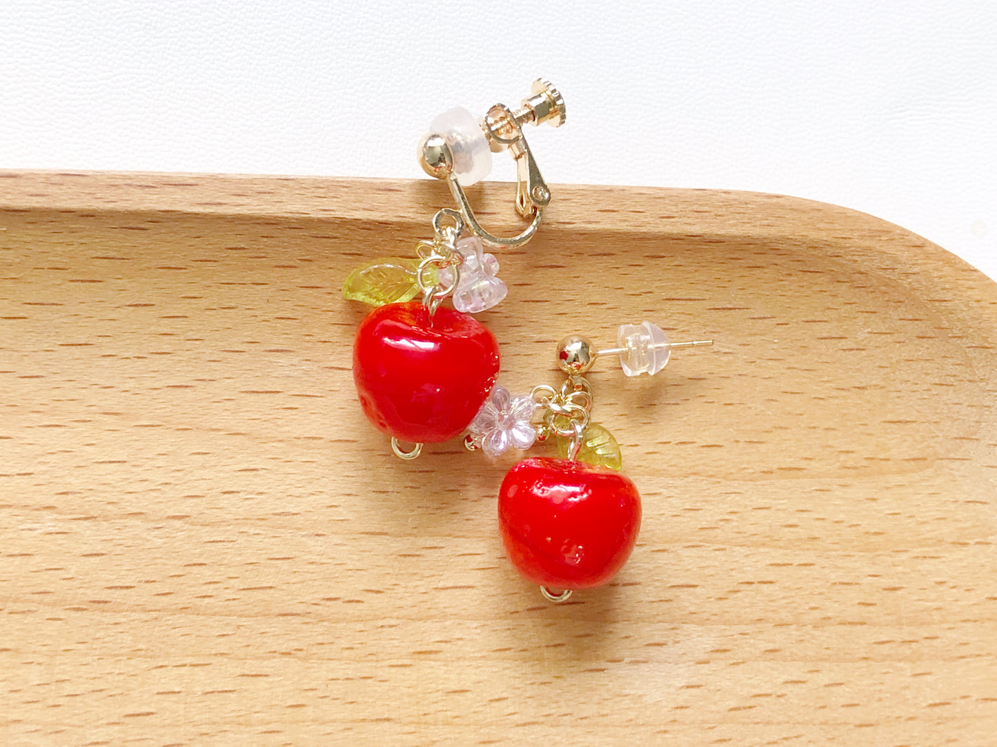 3D Apple Earrings, Red and Green Fruit, Hook Stud or Clip on, Kawaii Food Jewellery, Teacher Appreciation Gift for her