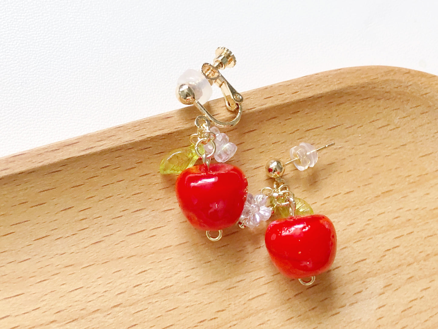 3D Apple Earrings, Red and Green Fruit, Hook Stud or Clip on, Kawaii Food Jewellery, Teacher Appreciation Gift for her