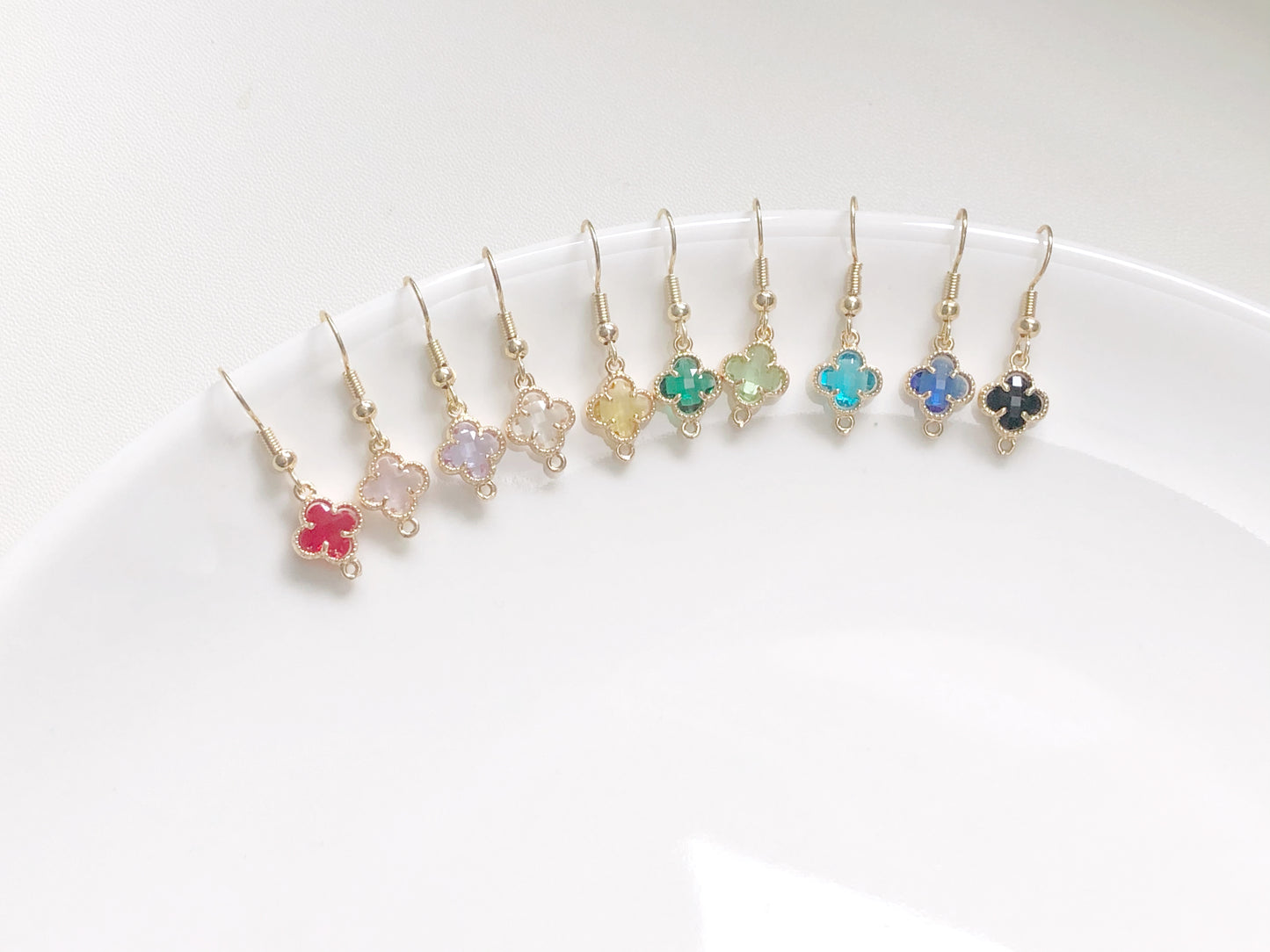 Lucky Four Leaf Clover Earrings in 9 Colours, Dainty Crystal Flower Dangle, Choice of Hook, Stud or Clip on, Birthday Gift for Her