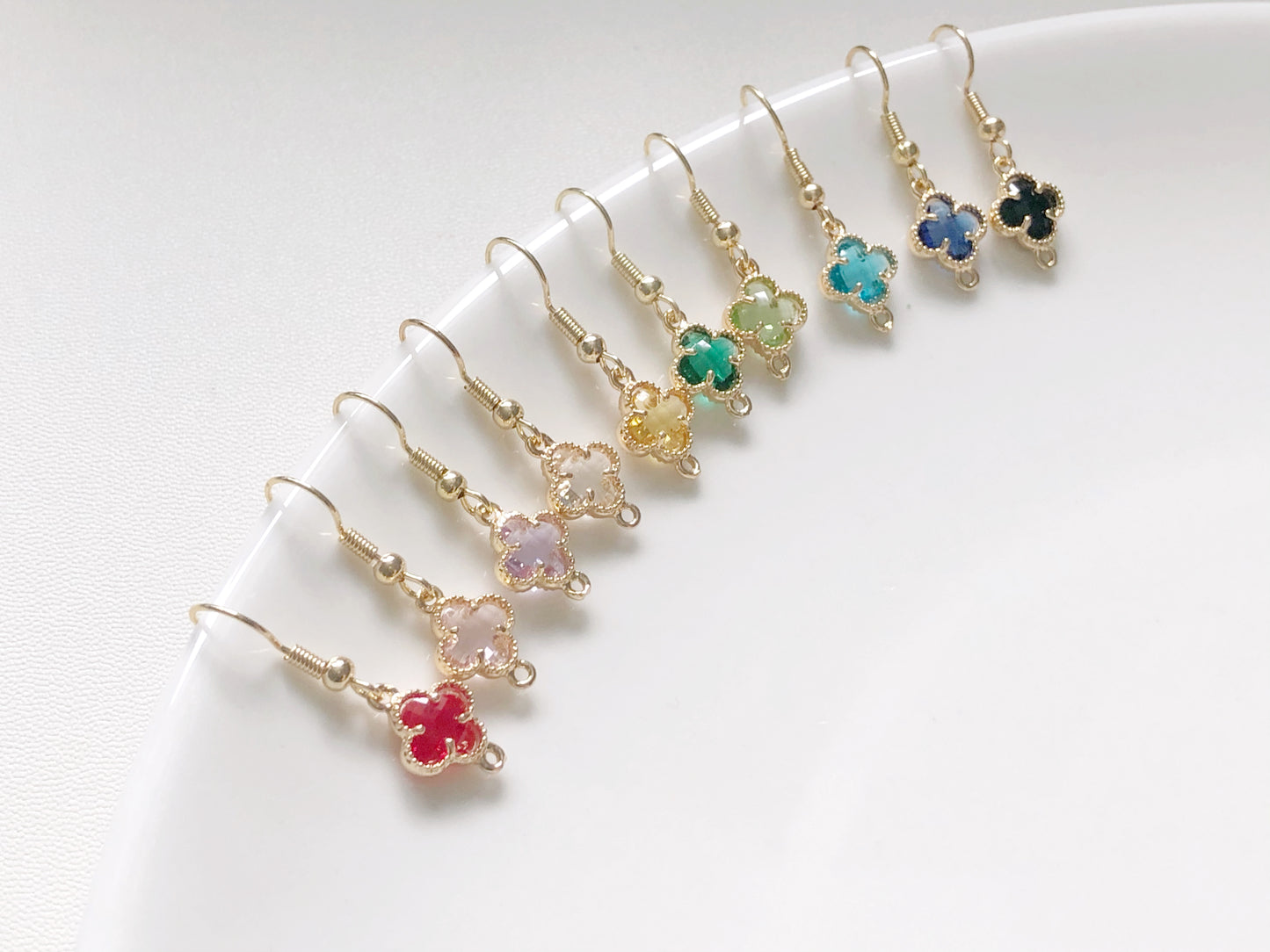 Lucky Four Leaf Clover Earrings in 9 Colours, Dainty Crystal Flower Dangle, Choice of Hook, Stud or Clip on, Birthday Gift for Her