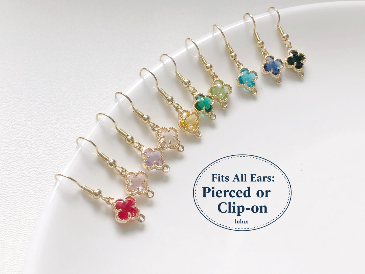 Lucky Four Leaf Clover Earrings in 9 Colours, Dainty Crystal Flower Dangle, Choice of Hook, Stud or Clip on, Birthday Gift for Her