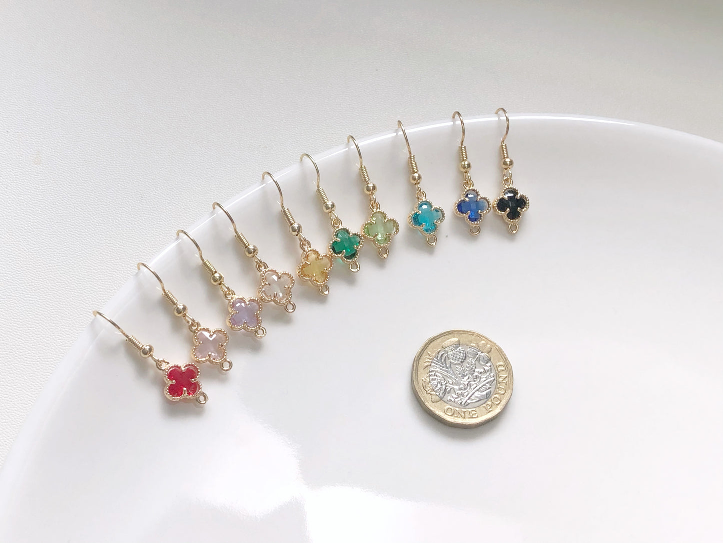 Lucky Four Leaf Clover Earrings in 9 Colours, Dainty Crystal Flower Dangle, Choice of Hook, Stud or Clip on, Birthday Gift for Her