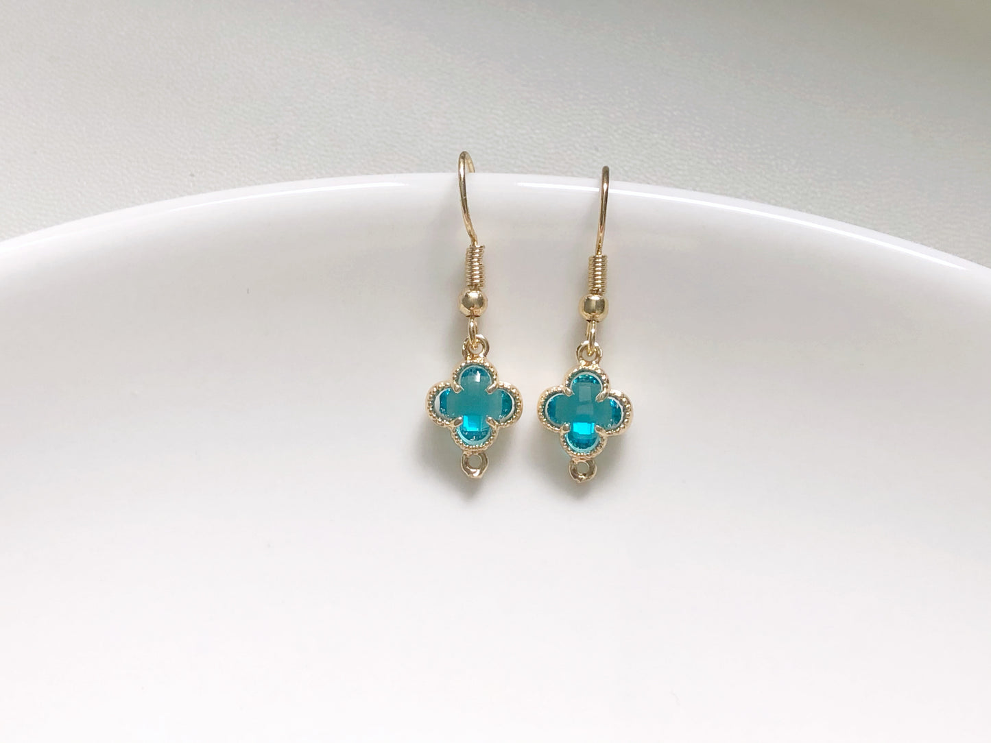 Lucky Four Leaf Clover Earrings in 9 Colours, Dainty Crystal Flower Dangle, Choice of Hook, Stud or Clip on, Birthday Gift for Her